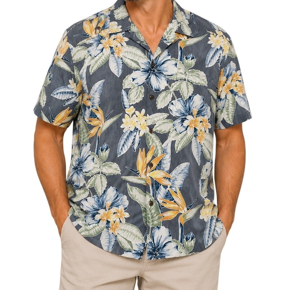 Tommy Bahama Gray Tortola Silk Tropical Bird of Paradise Shirt Men's XXL